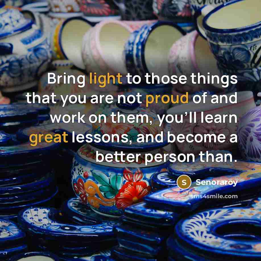 “Bring light to those things that you are not proud of and work on them, you'll learn great lessons, and become a better person than.” quote by Senoraroy