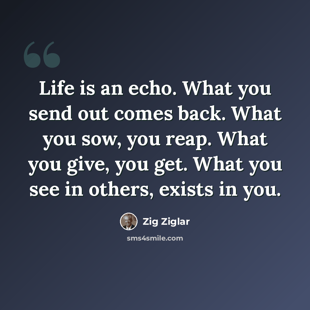 “Life is an echo. What you send out comes back. What you sow, you reap. What you give, you get. What you see in others, exists in you.” quote by Zig Ziglar