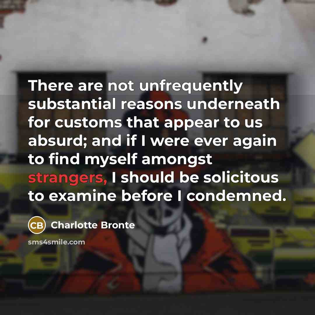 “There are not unfrequently substantial reasons underneath for customs that appear to us absurd; and if I were ever again to find myself amongst strangers, I should be solicitous to examine before I condemned.” quote by Charlotte Bronte