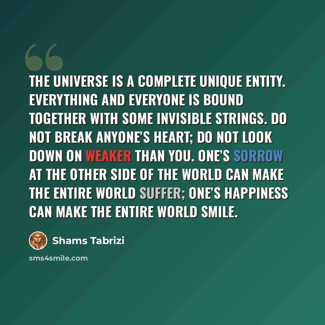“The universe is a complete unique entity. Everything and everyone is bound together with some invisible strings. Do not break anyone’s heart; do not look down on weaker than you. One’s sorrow at the other side of the world can make the entire world suffer; one’s happiness can make the entire world…” quote by Shams Tabrizi