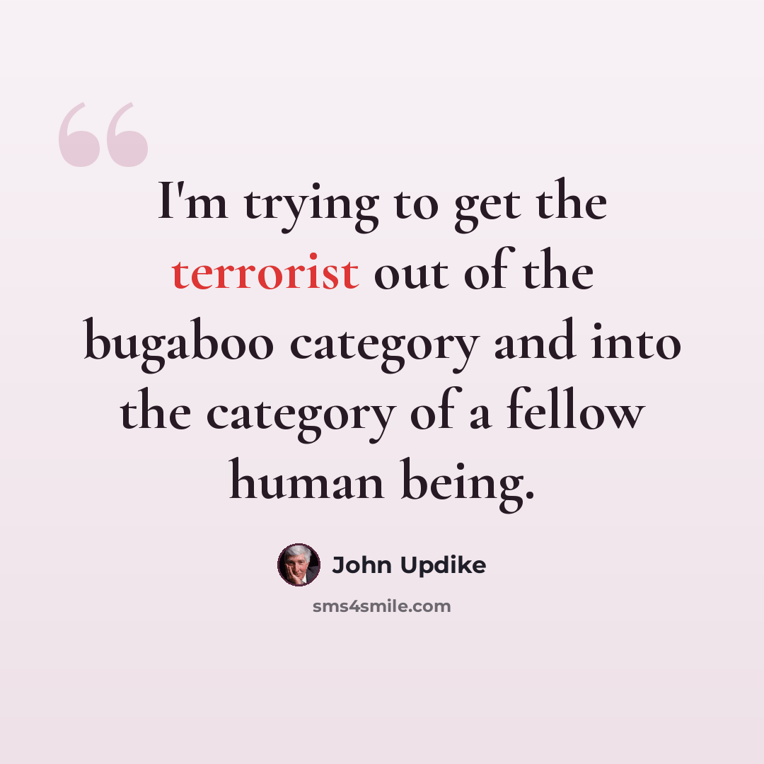 “I'm trying to get the terrorist out of the bugaboo category and into the category of a fellow human being.” quote by John Updike