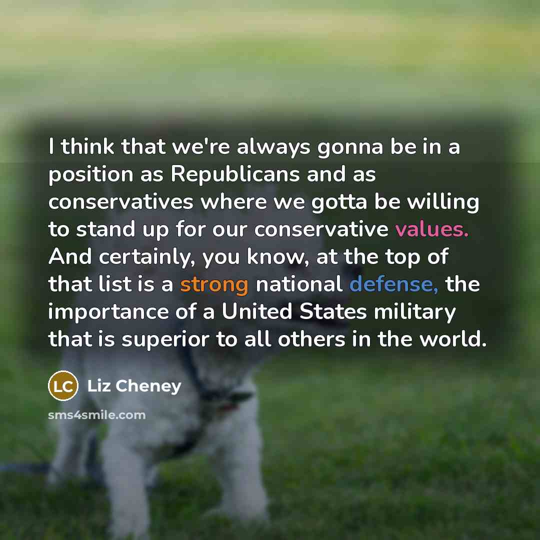 “I think that we're always gonna be in a position as Republicans and as conservatives where we gotta be willing to stand up for our conservative values. And certainly, you know, at the top of that list is a strong national defense, the importance of a United States military that is superior to all…” quote by Liz Cheney