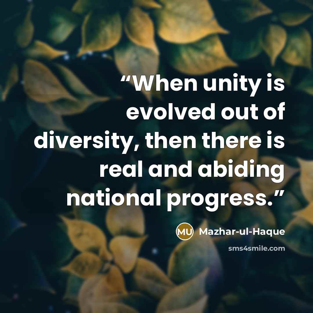 “When unity is evolved out of diversity, then there is real and abiding national progress.” quote by Mazhar-ul-Haque