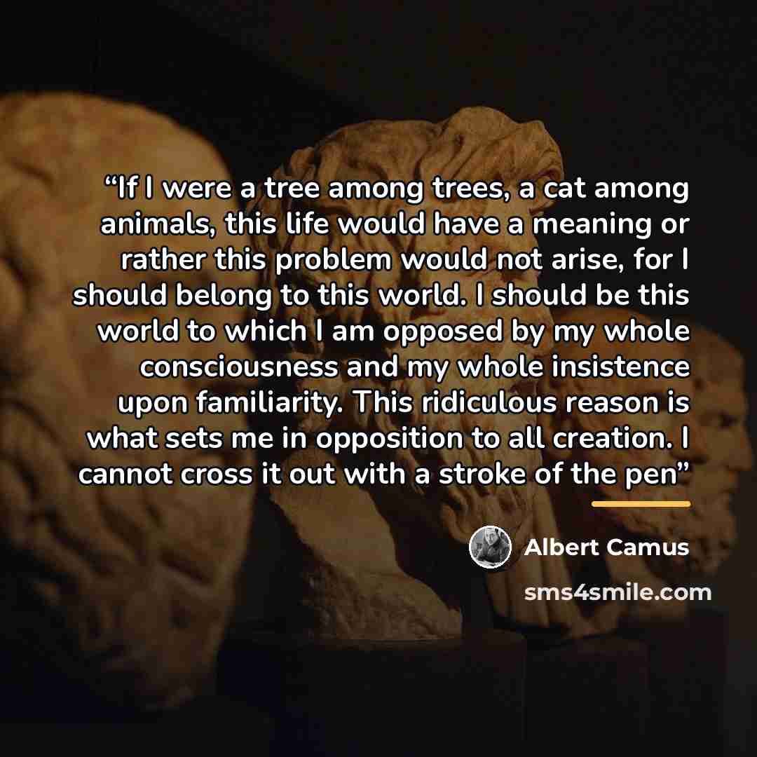 “If I were a tree among trees, a cat among animals, this life would have a meaning or rather this problem would not arise, for I should belong to this world. I should be this world to which I am opposed by my whole consciousness and my whole insistence upon familiarity. This ridiculous reason is…” quote by Albert Camus