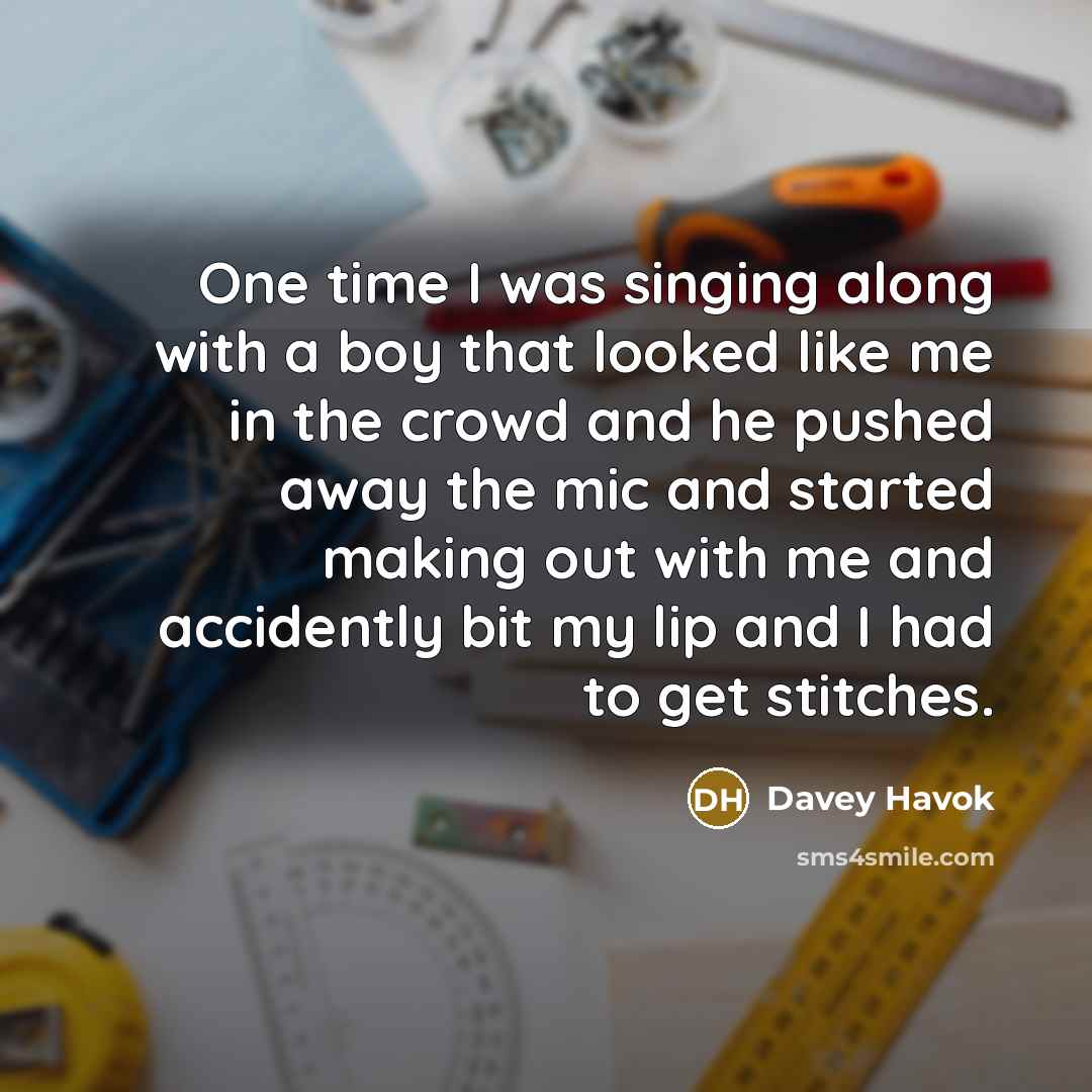 “One time I was singing along with a boy that looked like me in the crowd and he pushed away the mic and started making out with me and accidently bit my lip and I had to get stitches.” quote by Davey Havok