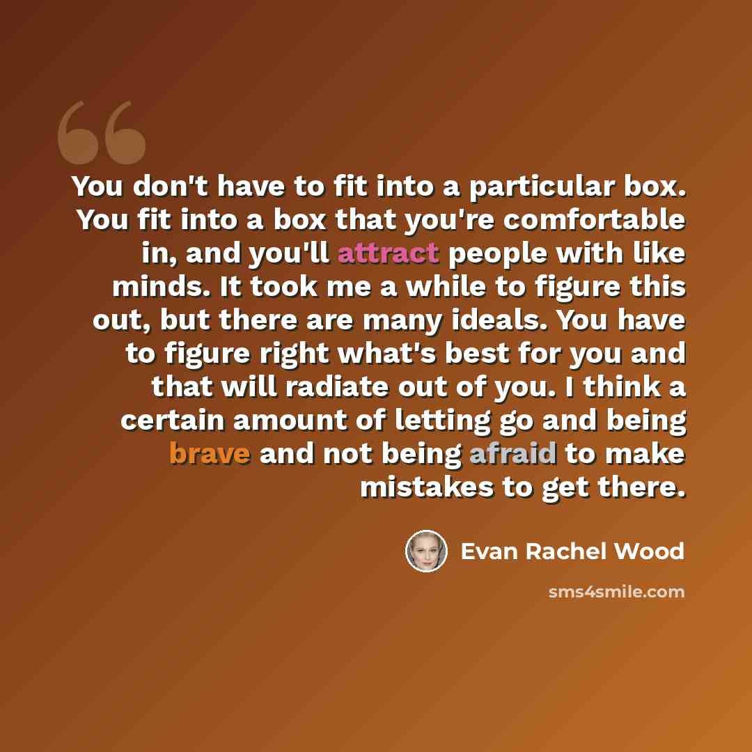 “You don't have to fit into a particular box. You fit into a box that you're comfortable in, and you'll attract people with like minds. It took me a while to figure this out, but there are many ideals. You have to figure right what's best for you and that will radiate out of you. I think a certain…” quote by Evan Rachel Wood
