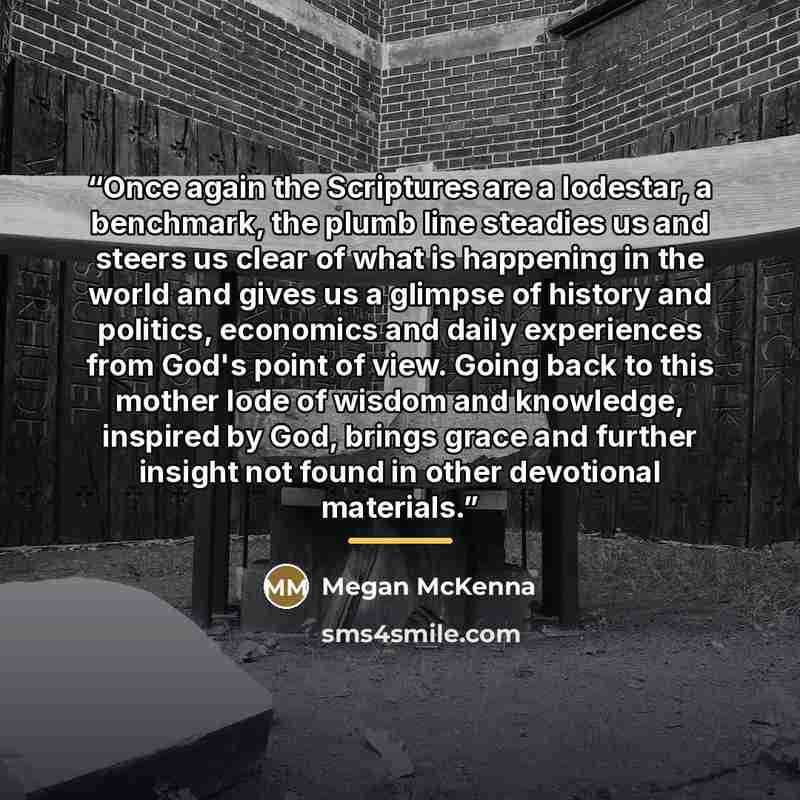 “Once again the Scriptures are a lodestar, a benchmark, the plumb line steadies us and steers us clear of what is happening in the world and gives us a glimpse of history and politics, economics and daily experiences from God's point of view. Going back to this mother lode of wisdom and knowledge…” quote by Megan McKenna