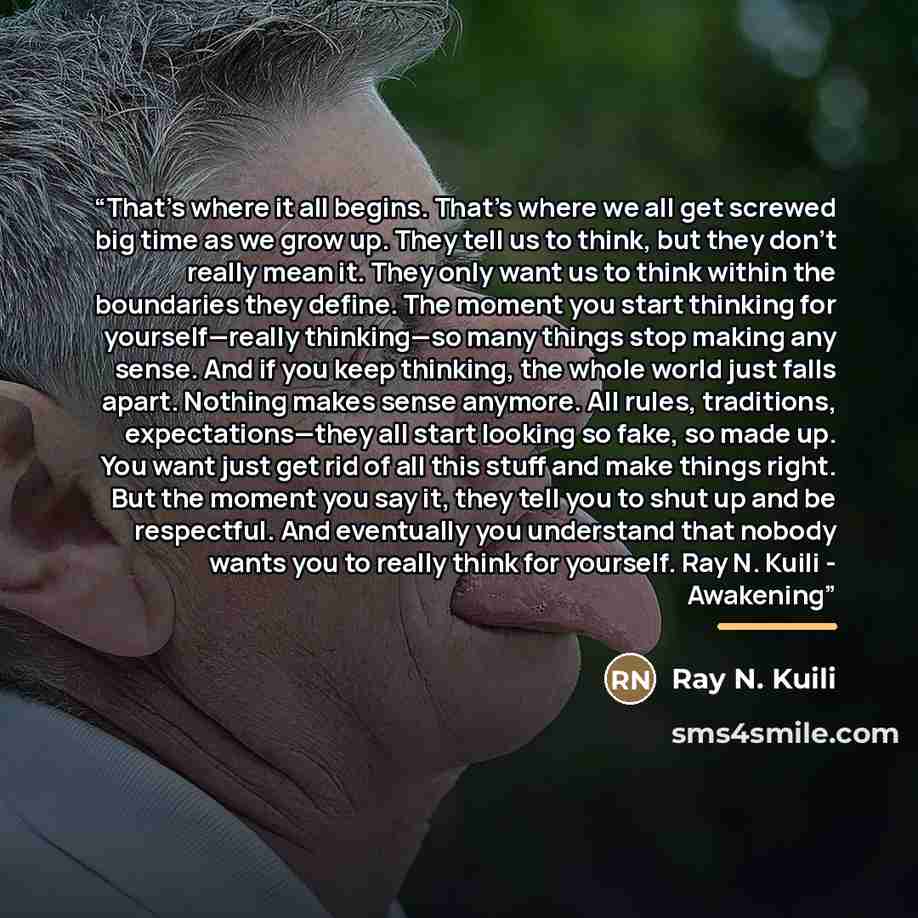 “That’s where it all begins. That’s where we all get screwed big time as we grow up. They tell us to think, but they don’t really mean it. They only want us to think within the boundaries they define. The moment you start thinking for yourself—really thinking—so many things stop making any sense…” quote by Ray N. Kuili