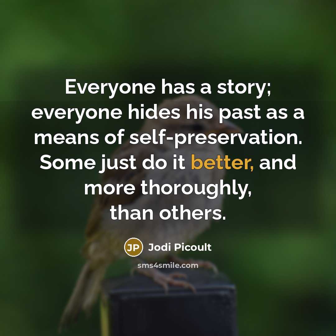 “Everyone has a story; everyone hides his past as a means of self-preservation. Some just do it better, and more thoroughly, than others.” quote by Jodi Picoult