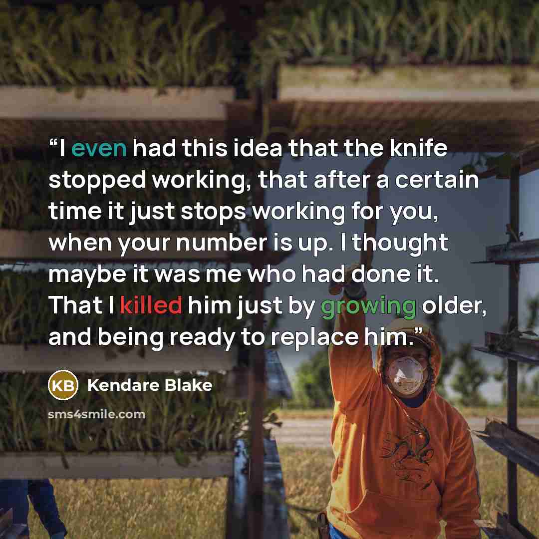 “I even had this idea that the knife stopped working, that after a certain time it just stops working for you, when your number is up. I thought maybe it was me who had done it. That I killed him just by growing older, and being ready to replace him.” quote by Kendare Blake