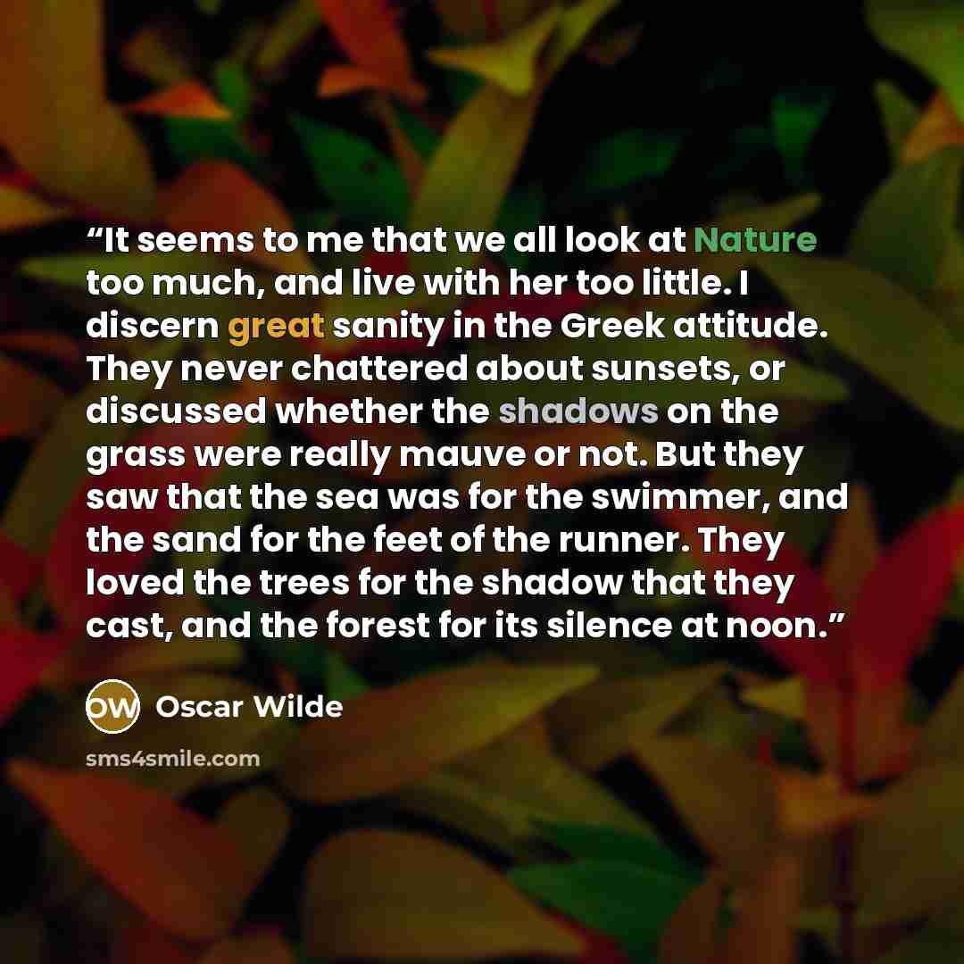 “It seems to me that we all look at Nature too much, and live with her too little. I discern great sanity in the Greek attitude. They never chattered about sunsets, or discussed whether the shadows on the grass were really mauve or not. But they saw that the sea was for the swimmer, and the sand…” quote by Oscar Wilde