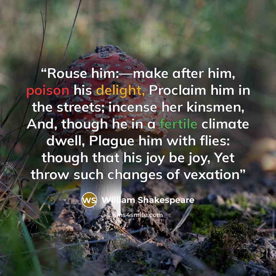 “Rouse him:—make after him, poison his delight, Proclaim him in the streets; incense her kinsmen, And, though he in a fertile climate dwell, Plague him with flies: though that his joy be joy, Yet throw such changes of vexation” quote by William Shakespeare