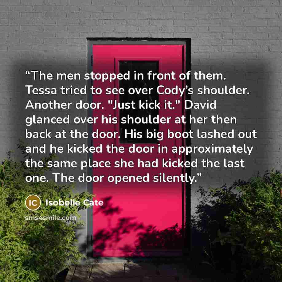 “The men stopped in front of them. Tessa tried to see over Cody’s shoulder. Another door. "Just kick it." David glanced over his shoulder at her then back at the door. His big boot lashed out and he kicked the door in approximately the same place she had kicked the last one. The door opened silently.” quote by Isobelle Cate