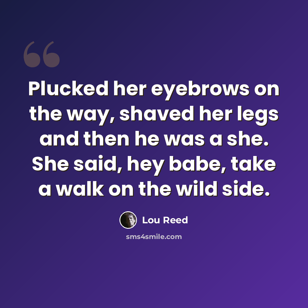 “Plucked her eyebrows on the way, shaved her legs and then he was a she. She said, hey babe, take a walk on the wild side.” quote by Lou Reed
