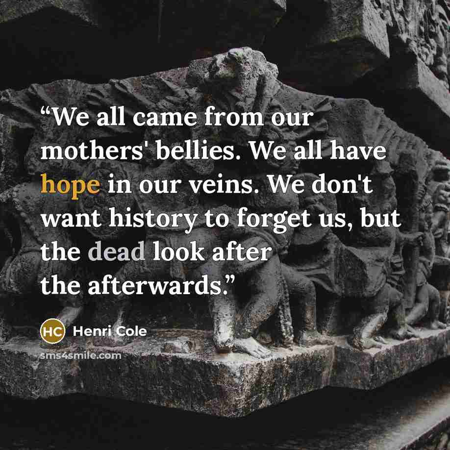“We all came from our mothers' bellies. We all have hope in our veins. We don't want history to forget us, but the dead look after the afterwards.” quote by Henri Cole