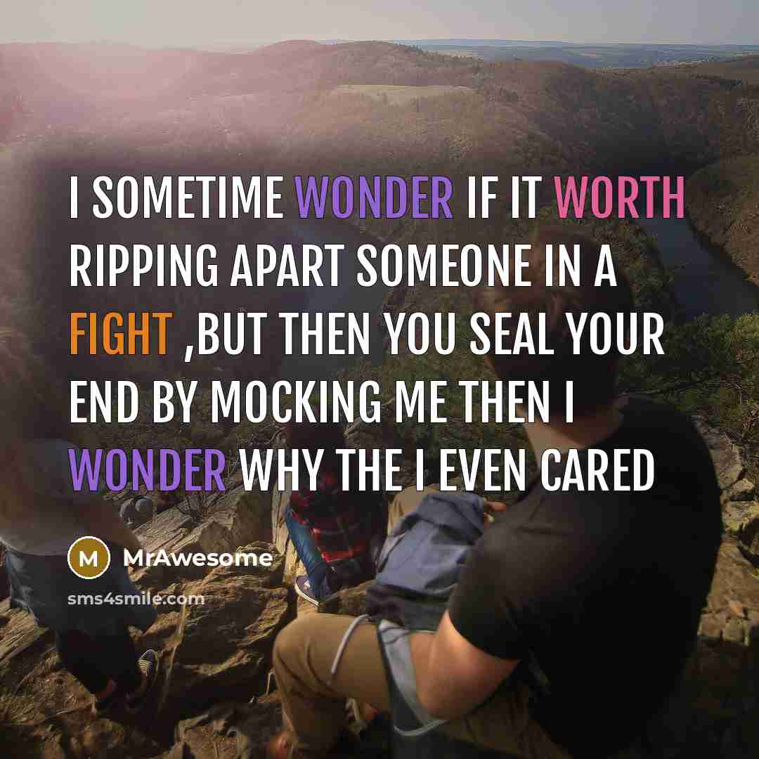 “I sometime wonder if it worth ripping apart someone in a fight ,but then you seal your end by mocking me then I Wonder why the I even cared” quote by MrAwesome