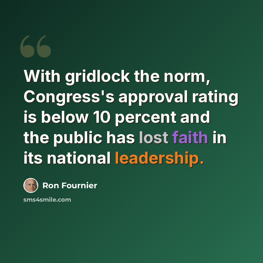 “With gridlock the norm, Congress's approval rating is below 10 percent and the public has lost faith in its national leadership.” quote by Ron Fournier