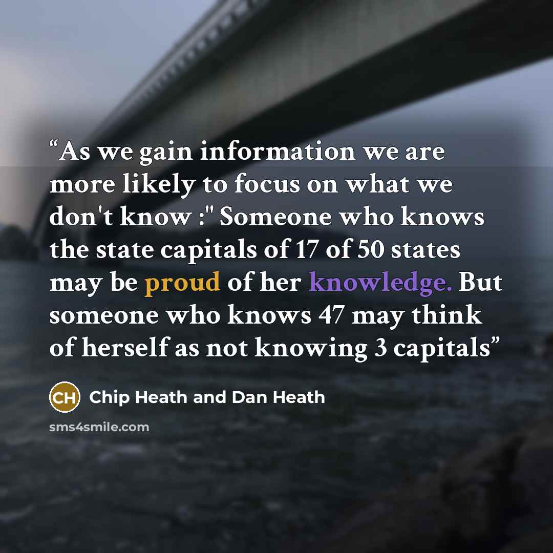 “As we gain information we are more likely to focus on what we don't know :" Someone who knows the state capitals of 17 of 50 states may be proud of her knowledge. But someone who knows 47 may think of herself as not knowing 3 capitals” quote by Chip Heath and Dan Heath