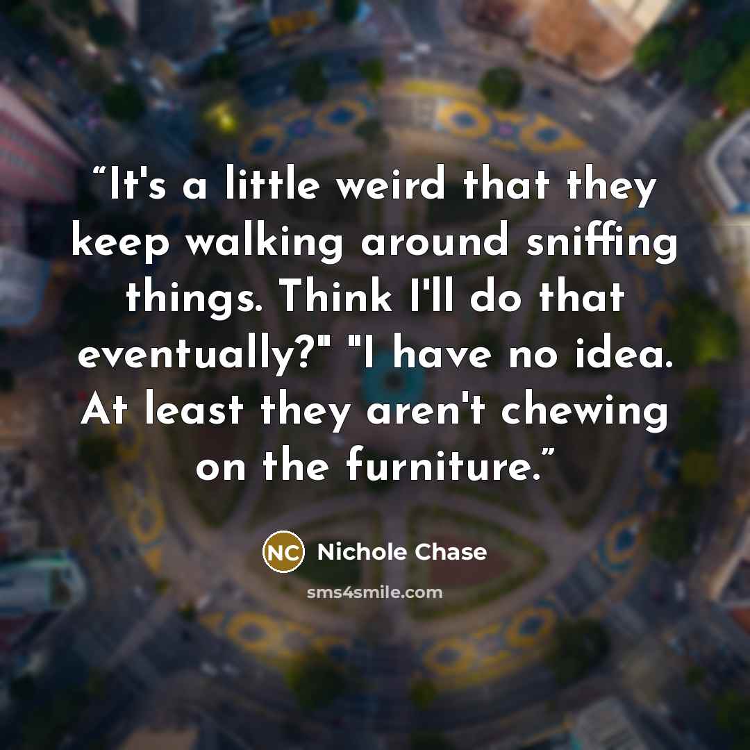 “It's a little weird that they keep walking around sniffing things. Think I'll do that eventually?" "I have no idea. At least they aren't chewing on the furniture.” quote by Nichole Chase