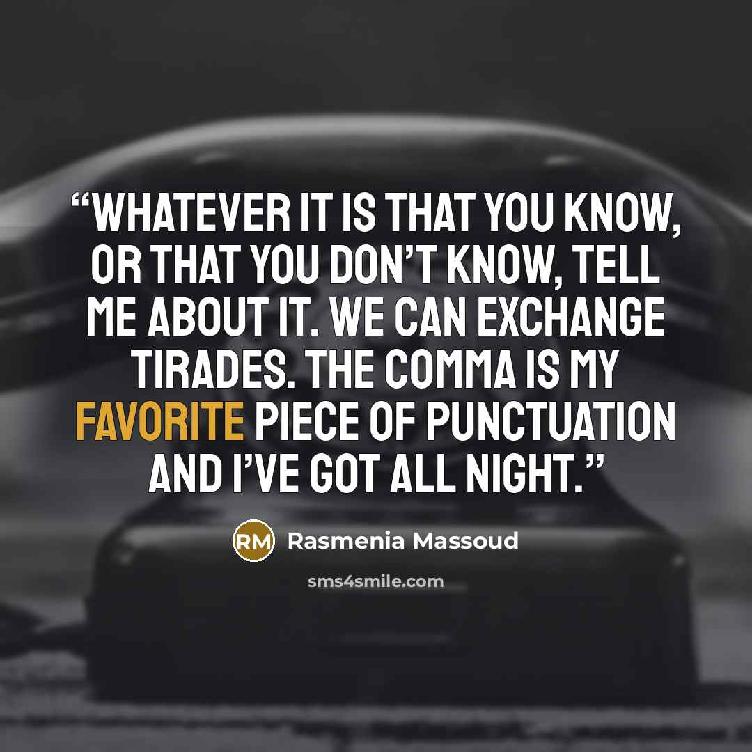 “Whatever it is that you know, or that you don’t know, tell me about it. We can exchange tirades. The comma is my favorite piece of punctuation and I’ve got all night.” quote by Rasmenia Massoud