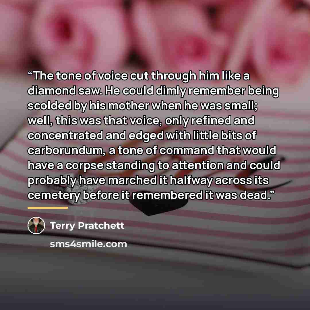 “The tone of voice cut through him like a diamond saw. He could dimly remember being scolded by his mother when he was small; well, this was that voice, only refined and concentrated and edged with little bits of carborundum, a tone of command that would have a corpse standing to attention and…” quote by Terry Pratchett