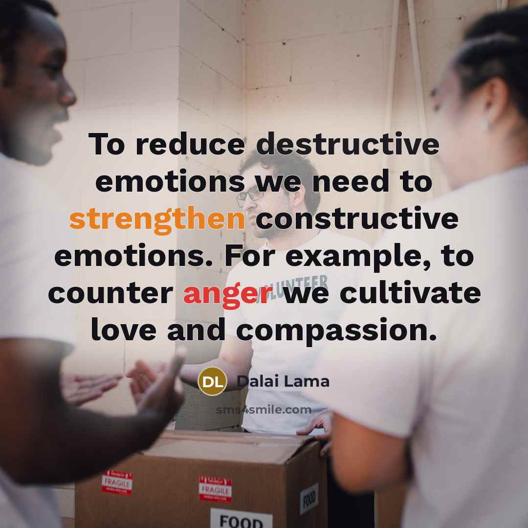 “To reduce destructive emotions we need to strengthen constructive emotions. For example, to counter anger we cultivate love and compassion.” quote by Dalai Lama