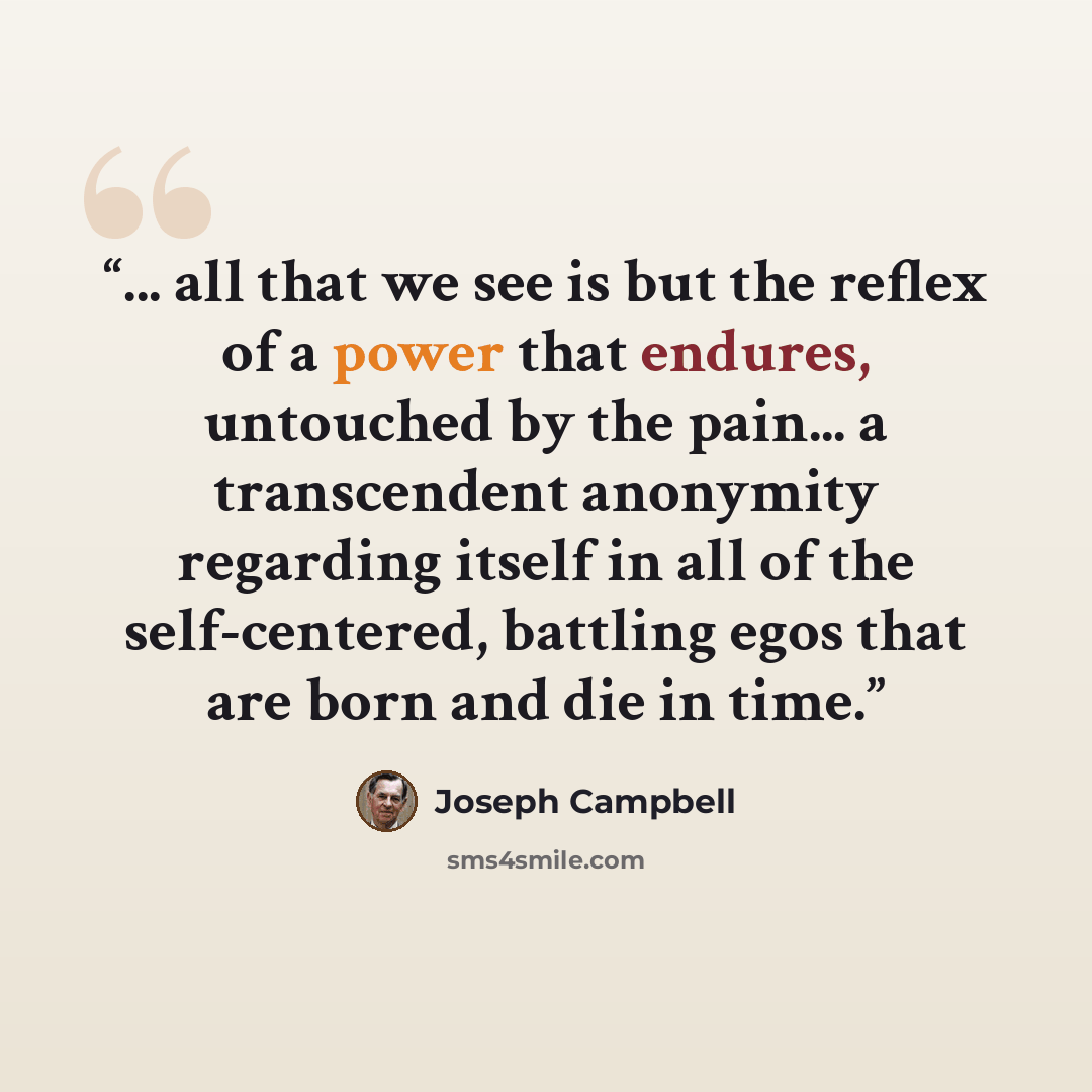 “... all that we see is but the reflex of a power that endures, untouched by the pain... a transcendent anonymity regarding itself in all of the self-centered, battling egos that are born and die in time.” quote by Joseph Campbell