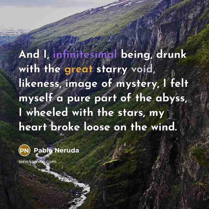 “And I, infinitesimal being, drunk with the great starry void, likeness, image of mystery, I felt myself a pure part of the abyss, I wheeled with the stars, my heart broke loose on the wind.” quote by Pablo Neruda