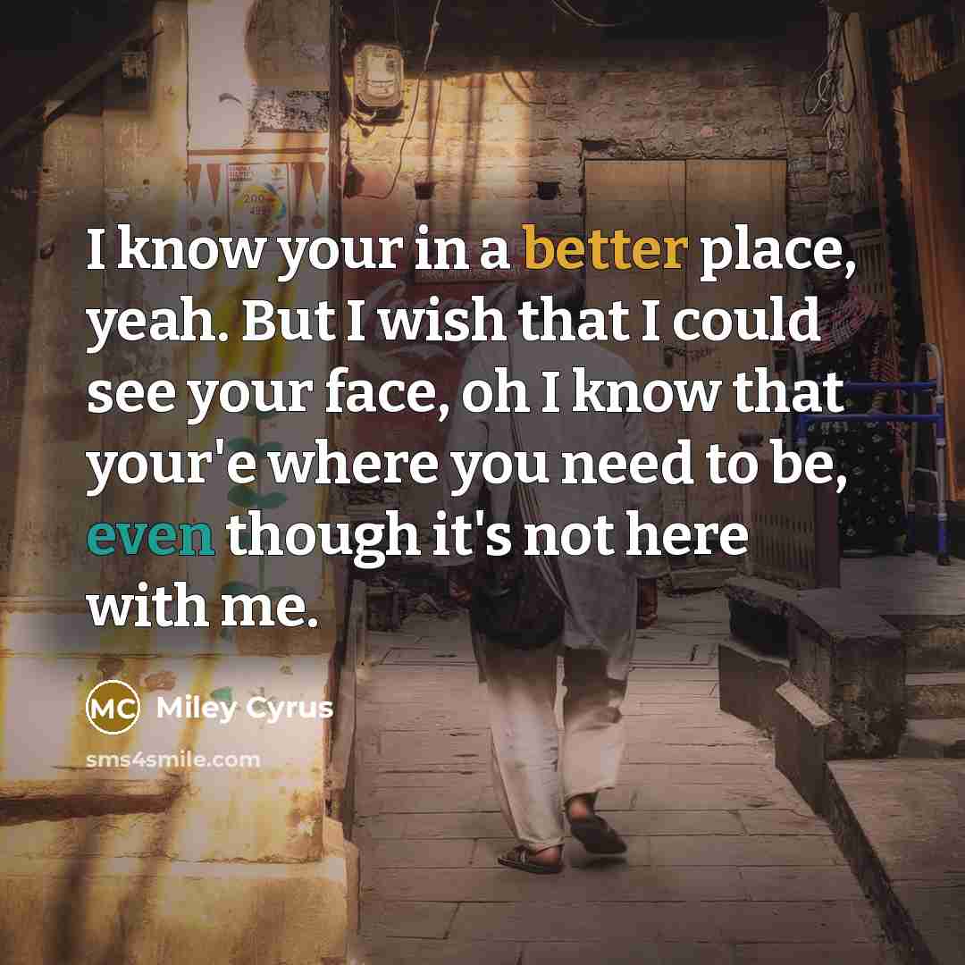 “I know your in a better place, yeah. But I wish that I could see your face, oh I know that your'e where you need to be, even though it's not here with me.” quote by Miley Cyrus