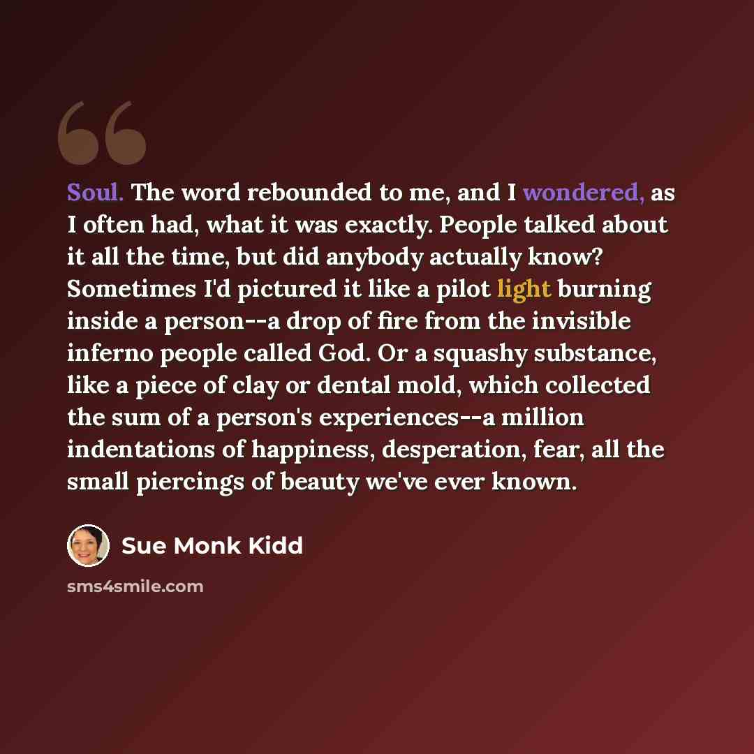 “Soul. The word rebounded to me, and I wondered, as I often had, what it was exactly. People talked about it all the time, but did anybody actually know? Sometimes I'd pictured it like a pilot light burning inside a person--a drop of fire from the invisible inferno people called God. Or a squashy…” quote by Sue Monk Kidd