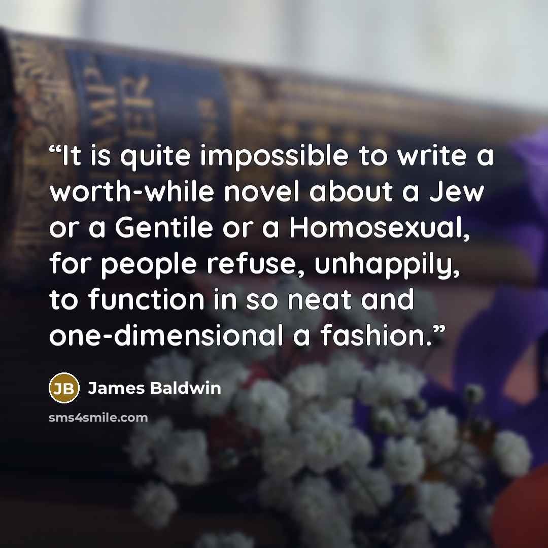 “It is quite impossible to write a worth-while novel about a Jew or a Gentile or a Homosexual, for people refuse, unhappily, to function in so neat and one-dimensional a fashion.” quote by James Baldwin