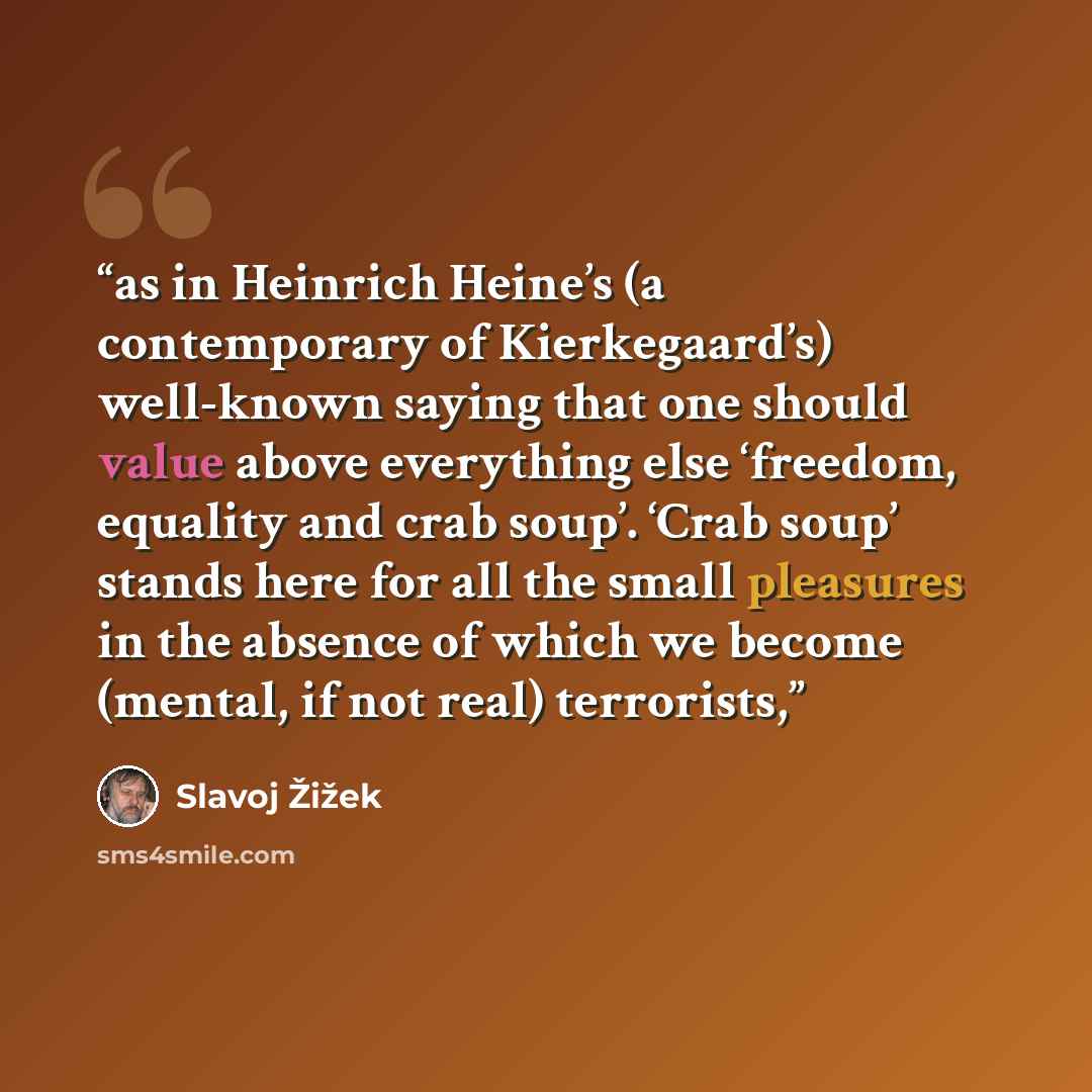 “as in Heinrich Heine’s (a contemporary of Kierkegaard’s) well-known saying that one should value above everything else ‘freedom, equality and crab soup’. ‘Crab soup’ stands here for all the small pleasures in the absence of which we become (mental, if not real) terrorists,” quote by Slavoj Žižek