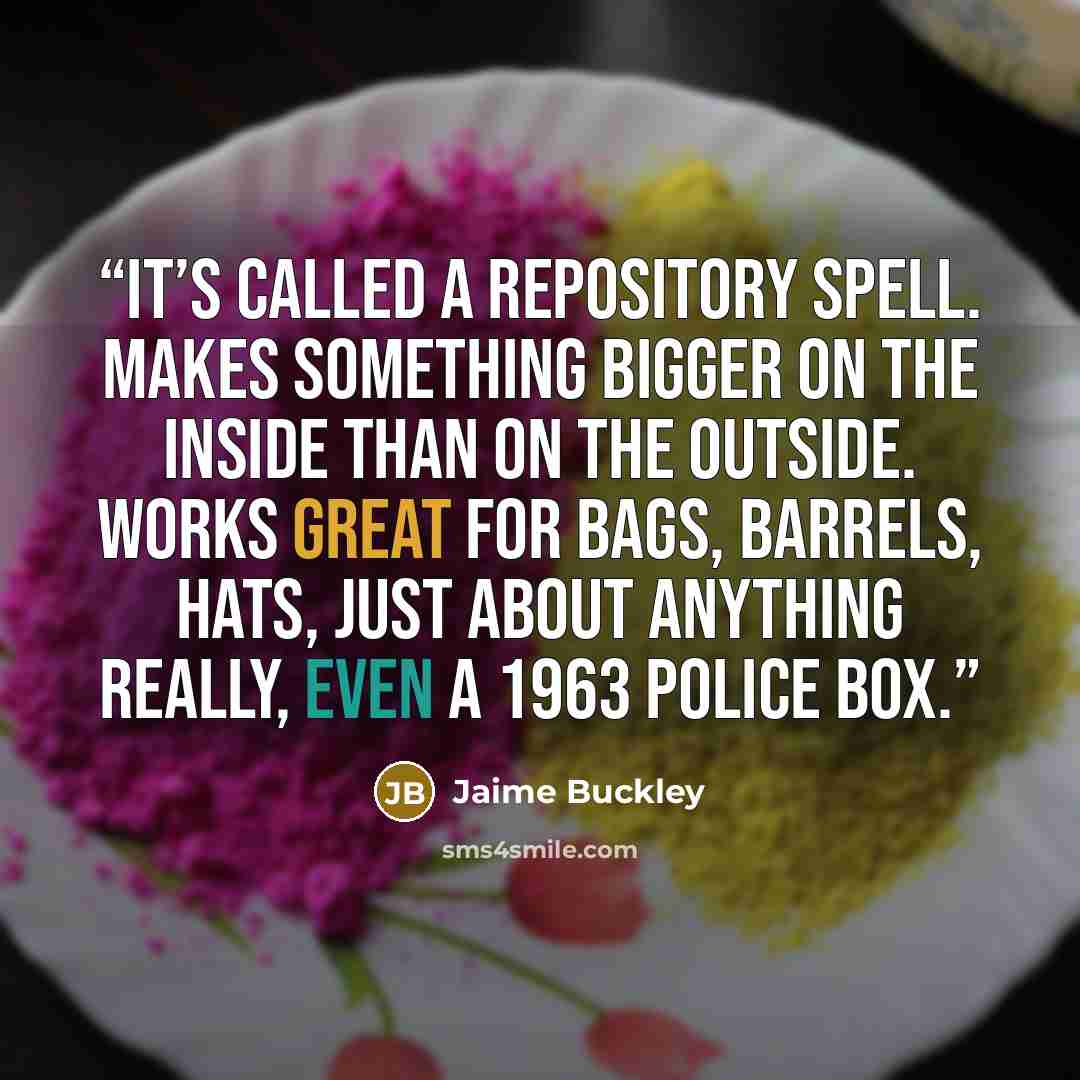“It’s called a repository spell. Makes something bigger on the inside than on the outside. Works great for bags, barrels, hats, just about anything really, even a 1963 police box.” quote by Jaime Buckley