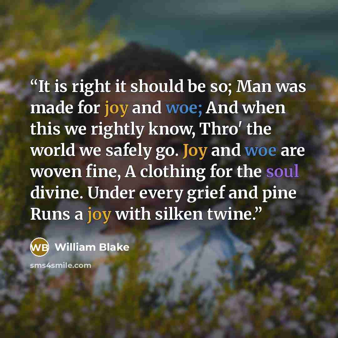 “It is right it should be so; Man was made for joy and woe; And when this we rightly know, Thro' the world we safely go. Joy and woe are woven fine, A clothing for the soul divine. Under every grief and pine Runs a joy with silken twine.” quote by William Blake