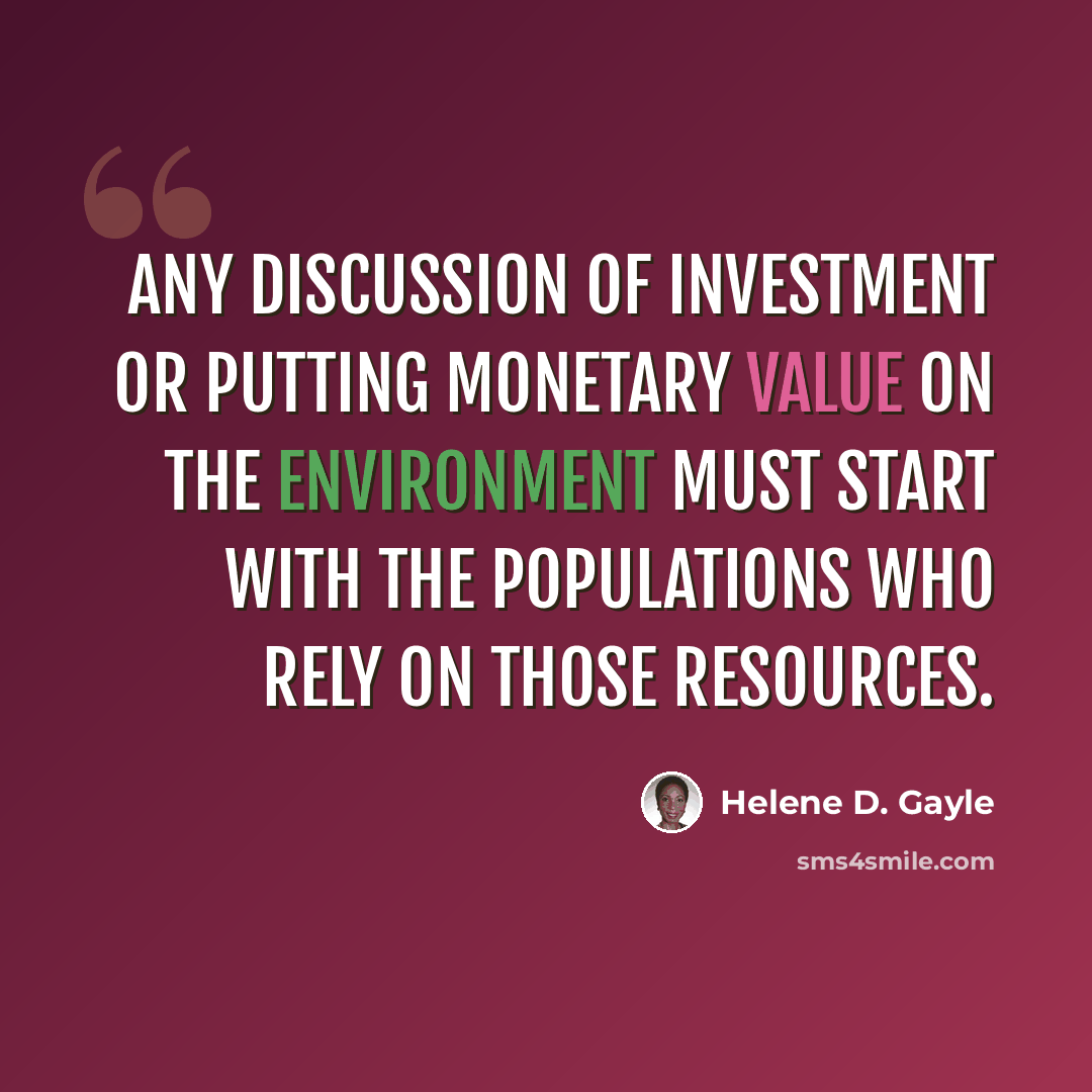 “Any discussion of investment or putting monetary value on the environment must start with the populations who rely on those resources.” quote by Helene D. Gayle