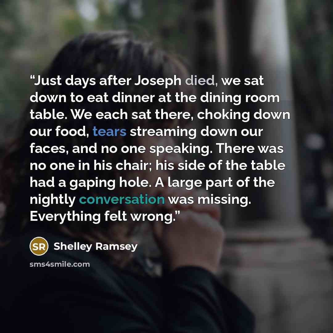 “Just days after Joseph died, we sat down to eat dinner at the dining room table. We each sat there, choking down our food, tears streaming down our faces, and no one speaking. There was no one in his chair; his side of the table had a gaping hole. A large part of the nightly conversation was…” quote by Shelley Ramsey