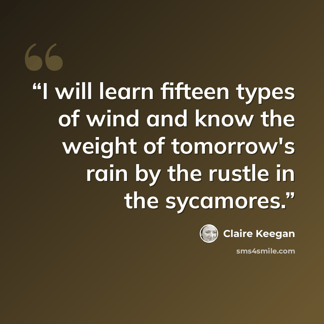 “I will learn fifteen types of wind and know the weight of tomorrow's rain by the rustle in the sycamores.” quote by Claire Keegan