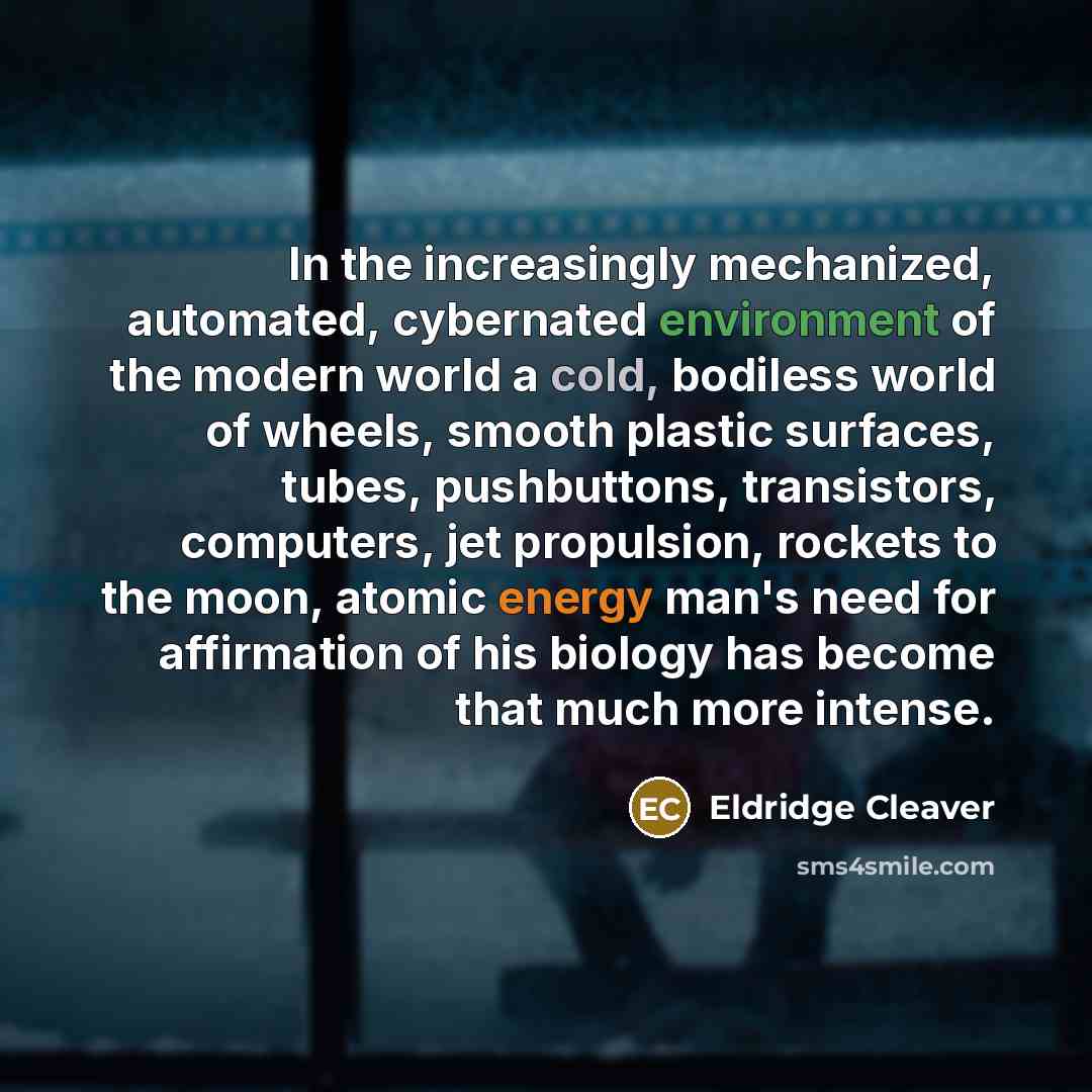 “In the increasingly mechanized, automated, cybernated environment of the modern world a cold, bodiless world of wheels, smooth plastic surfaces, tubes, pushbuttons, transistors, computers, jet propulsion, rockets to the moon, atomic energy man's need for affirmation of his biology has become that…” quote by Eldridge Cleaver