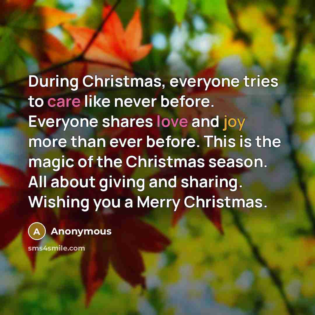“During Christmas, everyone tries to care like never before. Everyone shares love and joy more than ever before. This is the magic of the Christmas season. All about giving and sharing. Wishing you a Merry Christmas.” quote by Anonymous