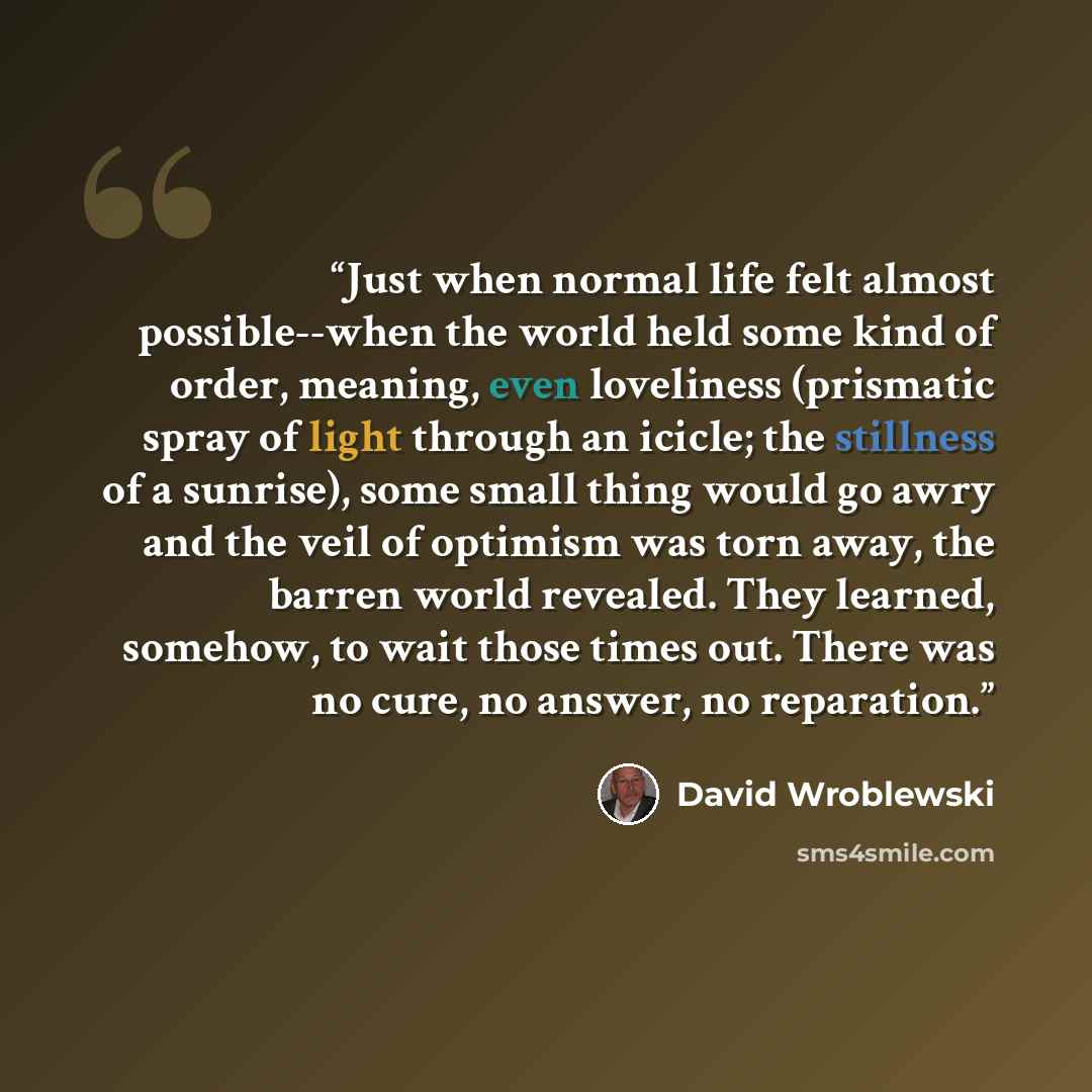 “Just when normal life felt almost possible--when the world held some kind of order, meaning, even loveliness (prismatic spray of light through an icicle; the stillness of a sunrise), some small thing would go awry and the veil of optimism was torn away, the barren world revealed. They learned…” quote by David Wroblewski
