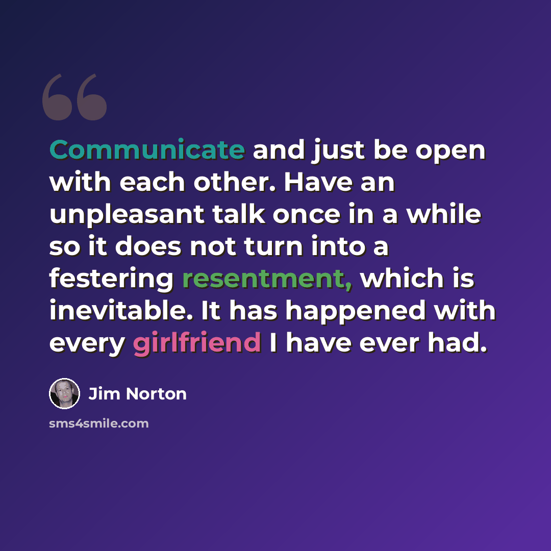 “Communicate and just be open with each other. Have an unpleasant talk once in a while so it does not turn into a festering resentment, which is inevitable. It has happened with every girlfriend I have ever had.” quote by Jim Norton