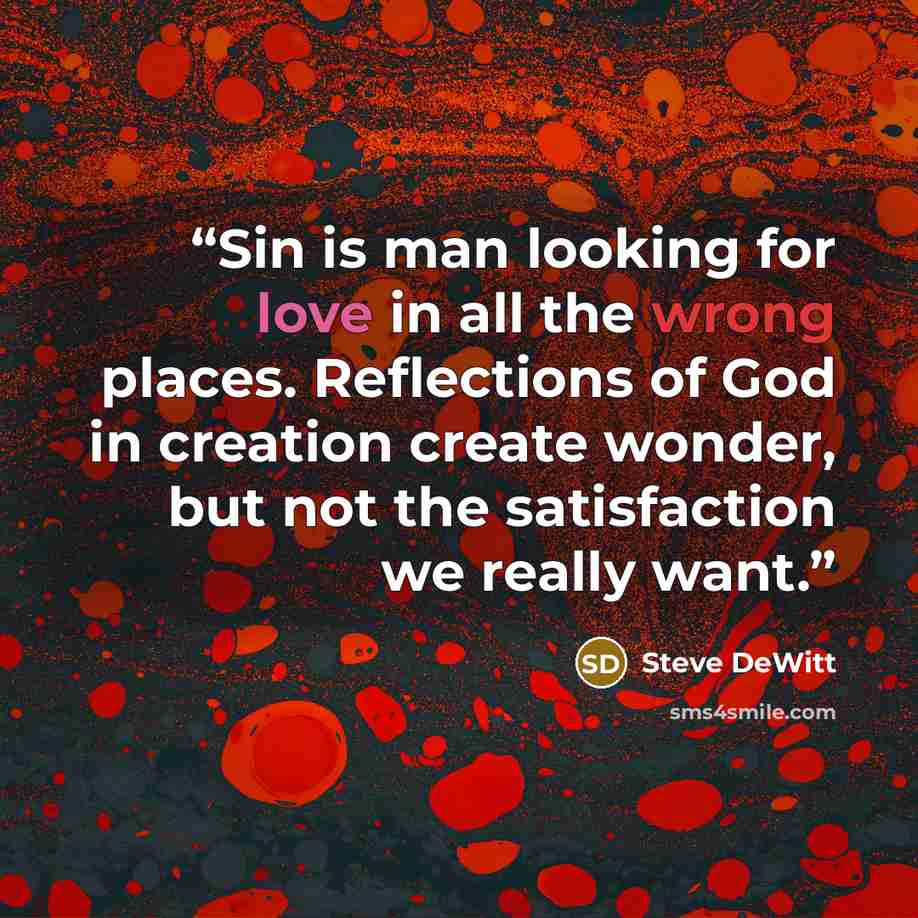 “Sin is man looking for love in all the wrong places. Reflections of God in creation create wonder, but not the satisfaction we really want.” quote by Steve DeWitt