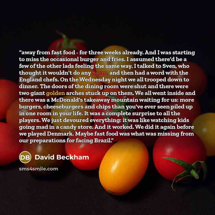 “away from fast food - for three weeks already. And I was starting to miss the occasional burger and fries. I assumed there'd be a few of the other lads feeling the same way. I talked to Sven, who thought it wouldn't do any harm, and then had a word with the England chefs. On the Wednesday night we…” quote by David Beckham