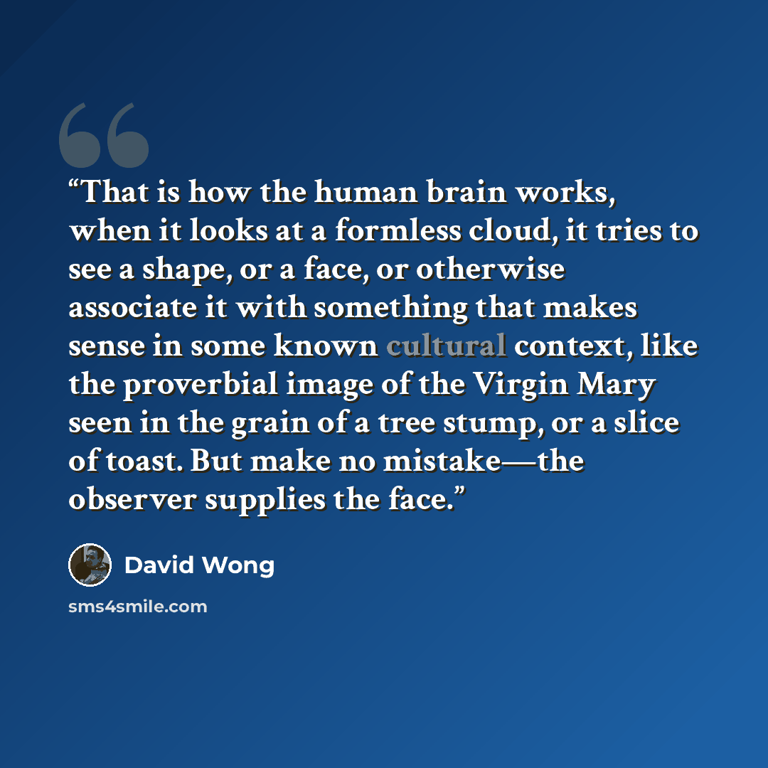 “That is how the human brain works, when it looks at a formless cloud, it tries to see a shape, or a face, or otherwise associate it with something that makes sense in some known cultural context, like the proverbial image of the Virgin Mary seen in the grain of a tree stump, or a slice of toast…” quote by David Wong