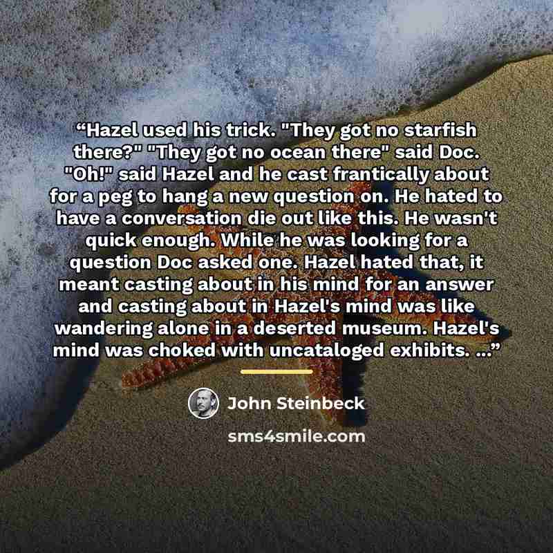 “Hazel used his trick. "They got no starfish there?" "They got no ocean there" said Doc. "Oh!" said Hazel and he cast frantically about for a peg to hang a new question on. He hated to have a conversation die out like this. He wasn't quick enough. While he was looking for a question Doc asked one…” quote by John Steinbeck