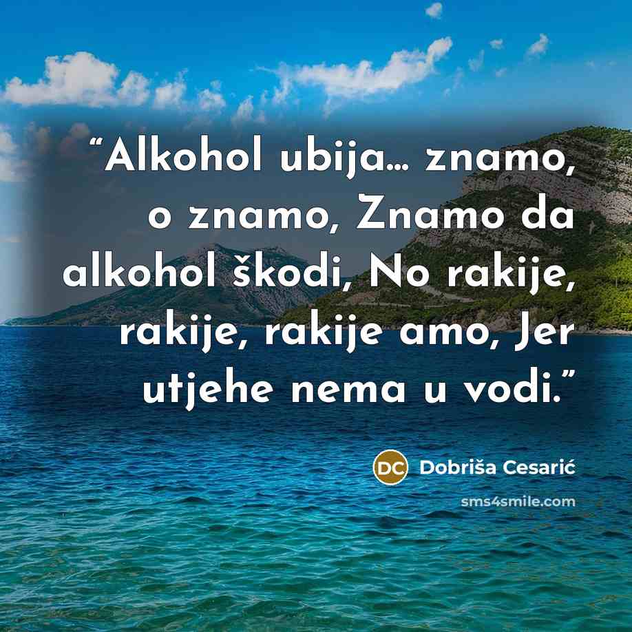 “Alkohol ubija... znamo, o znamo, Znamo da alkohol škodi, No rakije, rakije, rakije amo, Jer utjehe nema u vodi.” quote by Dobriša Cesarić
