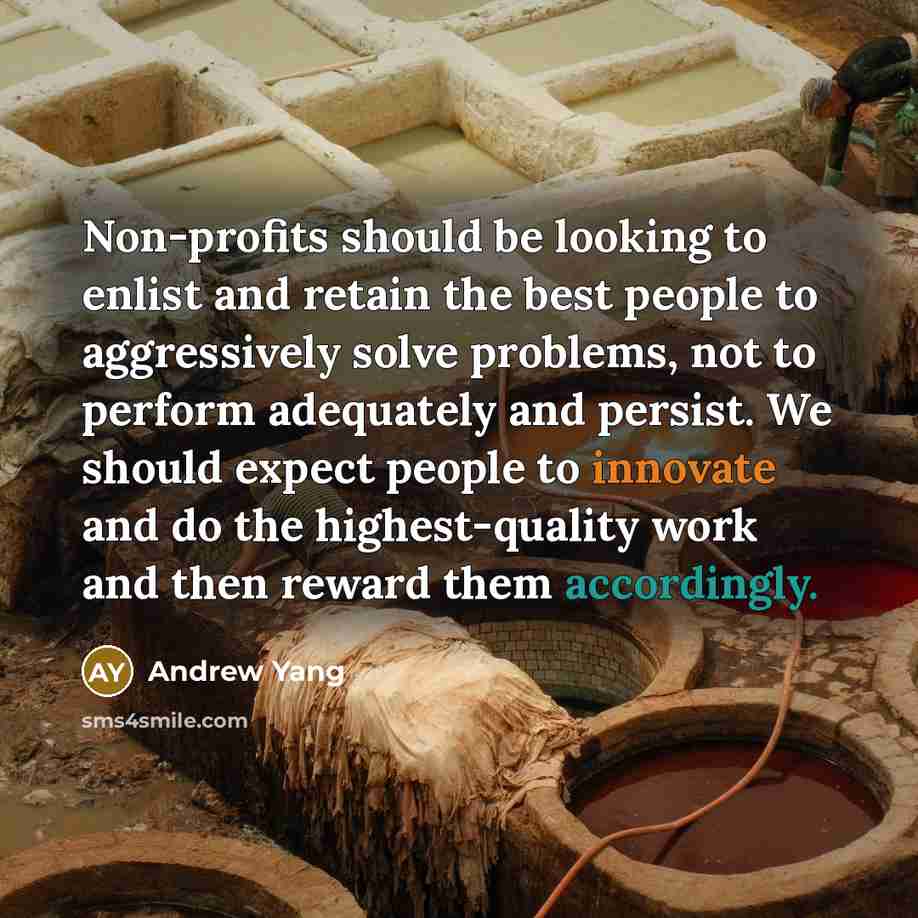 “Non-profits should be looking to enlist and retain the best people to aggressively solve problems, not to perform adequately and persist. We should expect people to innovate and do the highest-quality work and then reward them accordingly.” quote by Andrew Yang