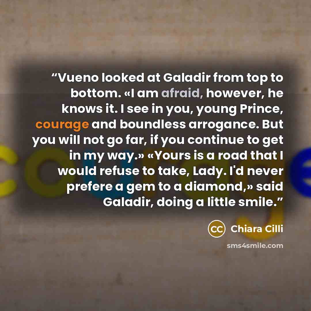 “Vueno looked at Galadir from top to bottom. «I am afraid, however, he knows it. I see in you, young Prince, courage and boundless arrogance. But you will not go far, if you continue to get in my way.» «Yours is a road that I would refuse to take, Lady. I'd never prefere a gem to a diamond,» said…” quote by Chiara Cilli