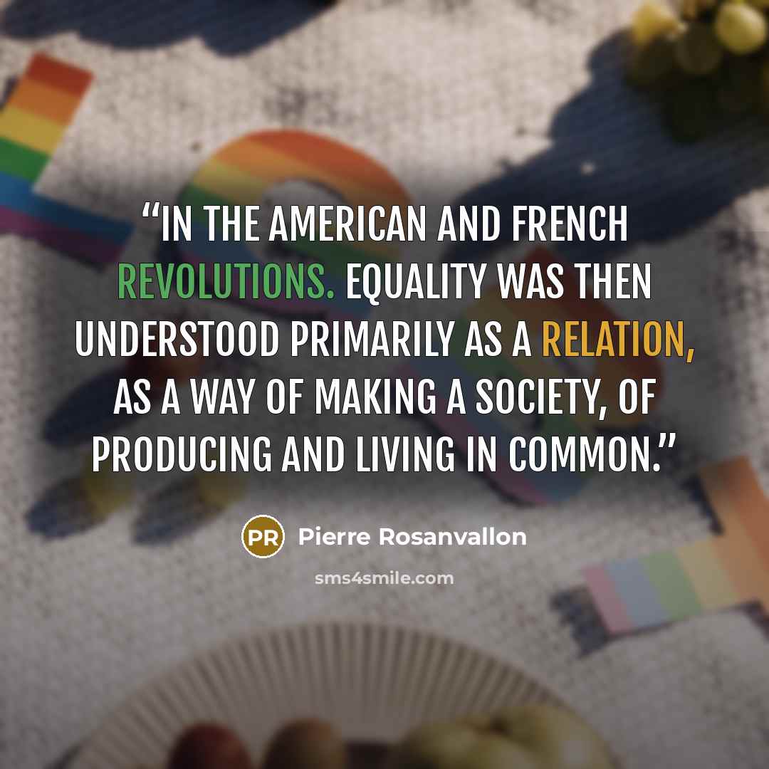 “in the American and French Revolutions. Equality was then understood primarily as a relation, as a way of making a society, of producing and living in common.” quote by Pierre Rosanvallon