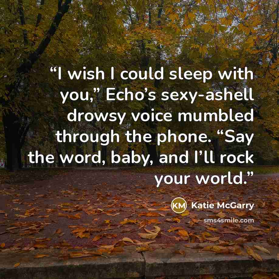 “I wish I could sleep with you,” Echo’s sexy-ashell drowsy voice mumbled through the phone. “Say the word, baby, and I’ll rock your world.” quote by Katie McGarry